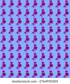 The image shows a seamless pattern of purple flowers with dark veins and white centers arranged diagonally on a solid blue background, repeating in a regular grid to form a textile‑style design.
