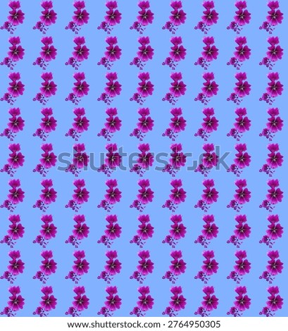 The image shows a seamless pattern of purple flowers with dark veins and white centers arranged diagonally on a solid blue background, repeating in a regular grid to form a textile‑style design.