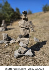 The image shows a stack of rocks balanced on top of each other, forming a vertical column. The rocks vary in size and shape, with the largest rocks at the bottom and the smallest rocks at the top.