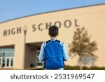 The image shows a student, wearing a blue backpack, standing in front of a high school building. The student is looking towards the building, symbolizing the start of a school day.