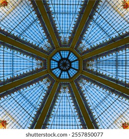 The image shows a stunning stained glass ceiling with an intricate geometric design.  - Powered by Shutterstock