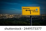 An image with a signpost pointing in two different directions in German. One direction points to win, the other points to lose