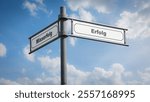 An image with a signpost pointing in two different directions in German. One direction points to success, the other points to failure.