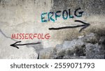 An image with a signpost pointing in two different directions in German. One direction points to success, the other points to failure.