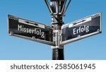 An image with a signpost pointing in two different directions in German. One direction points to success, the other points to failure.