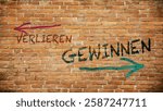 An image with a signpost pointing in two different directions in German. One direction points to win, the other points to lose