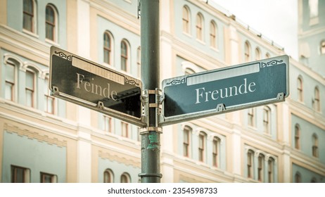 An image with a signpost pointing in two different directions in German. One direction points to friends, the other points to enemies.