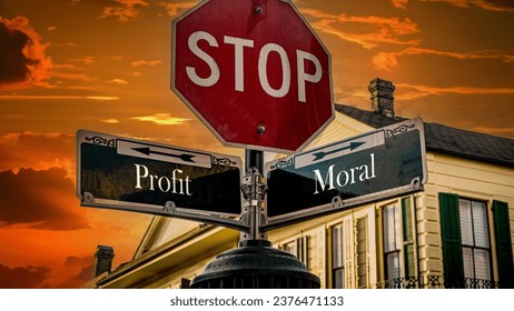 An image with a signpost pointing in two different directions in German. One direction points to morality, the other points to profit.