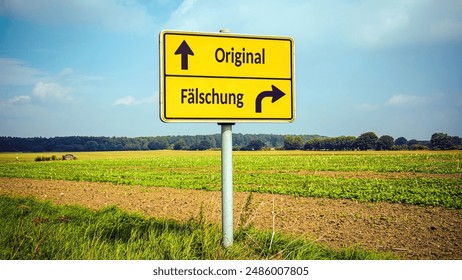 An image with a signpost pointing in two different directions in German. One direction points to original, the other points to counterfeit.