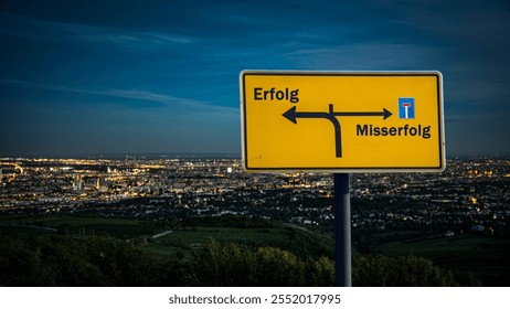 An image with a signpost pointing in two different directions in German. One direction points to success, the other points to failure.