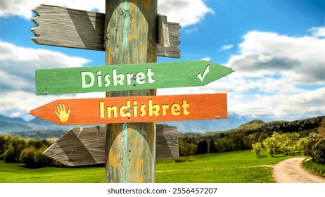 An image with a signpost pointing in two different directions in German. One direction points to Discreet, the other points to Indiscreet.