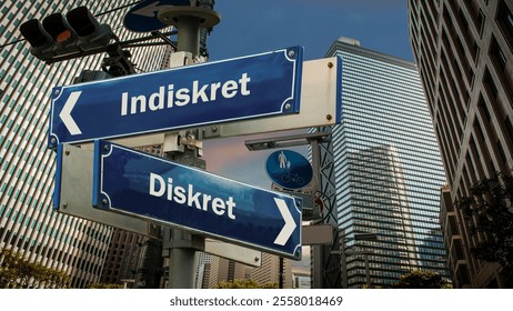 An image with a signpost pointing in two different directions in German. One direction points to Discreet, the other points to Indiscreet.