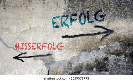 An image with a signpost pointing in two different directions in German. One direction points to success, the other points to failure.