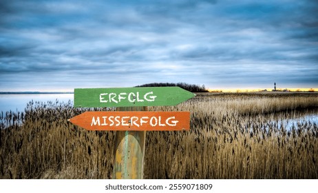 An image with a signpost pointing in two different directions in German. One direction points to success, the other points to failure.