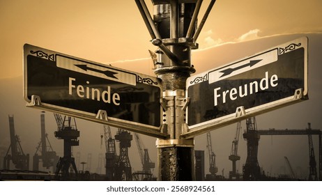 An image with a signpost pointing in two different directions in German. One direction points to friends, the other points to enemies.