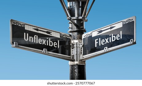 An image with a signpost pointing in two different directions in German. One direction points to Flexible, the other points to Inflexible.