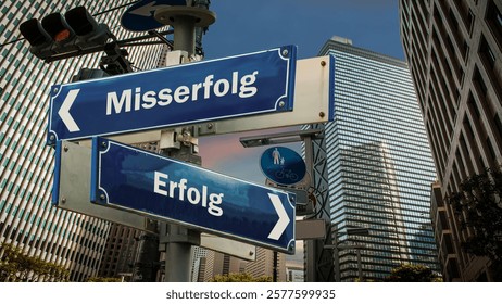An image with a signpost pointing in two different directions in German. One direction points to success, the other points to failure.