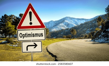 An image with a signpost pointing in two different directions in German. One direction points to optimism, the other points to pessimism.