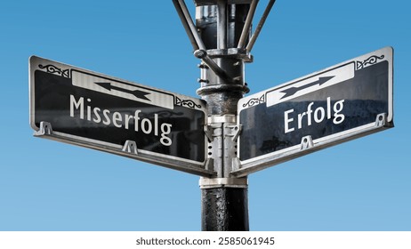 An image with a signpost pointing in two different directions in German. One direction points to success, the other points to failure.