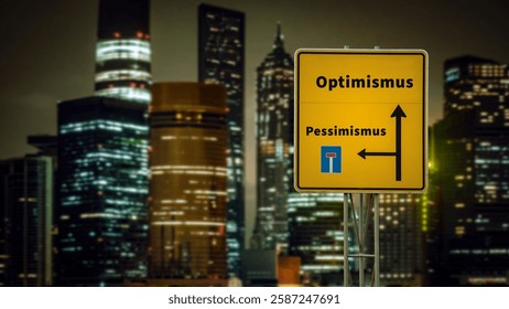 An image with a signpost pointing in two different directions in German. One direction points to optimism, the other points to pessimism.