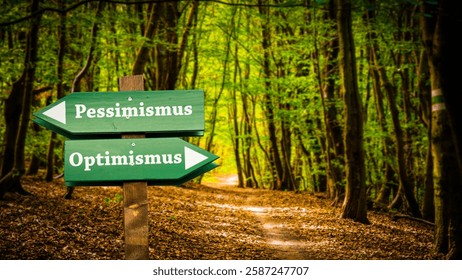An image with a signpost pointing in two different directions in German. One direction points to optimism, the other points to pessimism.