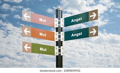 An image with a signpost pointing in two different directions in German. One direction points to courage, the other points to fear.