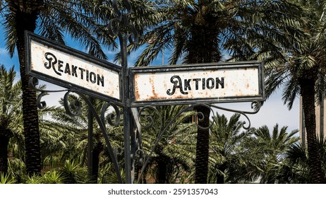 An image with a signpost pointing in two different directions in German. One direction points to action, the other points to reaction.