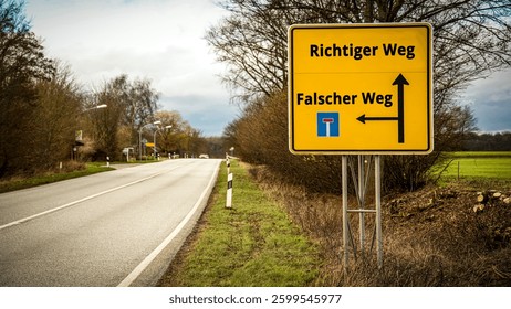 An image with a signpost pointing in two different directions in German. One direction points to the right way, the other points to the wrong way.
