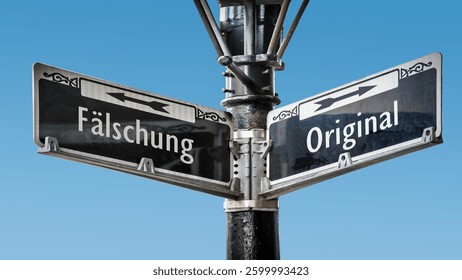 An image with a signpost pointing in two different directions in German. One direction points to original, the other points to counterfeit.