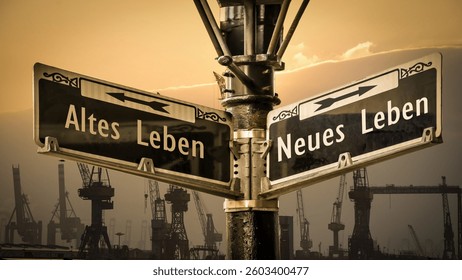 An image with a signpost pointing in two different directions in German. One direction points to New Life, the other points to Old Life.