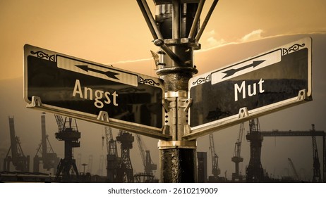 An image with a signpost pointing in two different directions in German. One direction points to courage, the other points to fear.