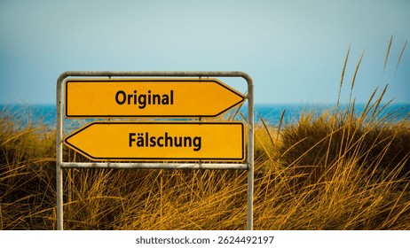 An image with a signpost pointing in two different directions in German. One direction points to original, the other points to counterfeit.