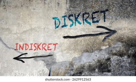 An image with a signpost pointing in two different directions in German. One direction points to Discreet, the other points to Indiscreet.