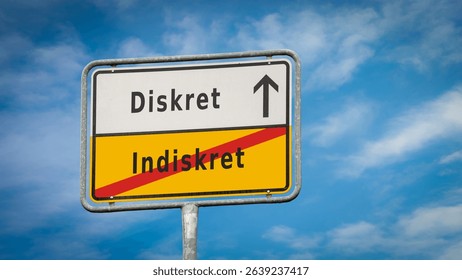 An image with a signpost pointing in two different directions in German. One direction points to Discreet, the other points to Indiscreet.