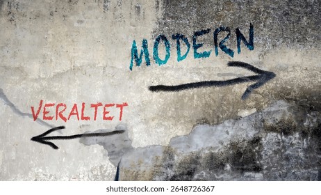 An image with a signpost pointing in two different directions in German. One direction points to Modern, the other points to outdated.