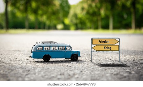 An image with a signpost pointing in two different directions in German. One direction points to peace, the other points to war.