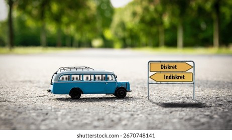 An image with a signpost pointing in two different directions in German. One direction points to Discreet, the other points to Indiscreet.