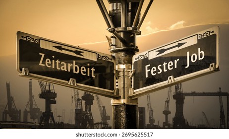 An image with a signpost pointing in two different directions in German. One direction points to permanent job, the other points to temporary work.