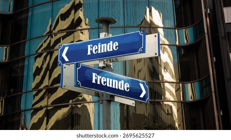 An image with a signpost pointing in two different directions in German. One direction points to friends, the other points to enemies.