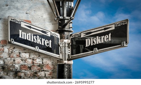 An image with a signpost pointing in two different directions in German. One direction points to Discreet, the other points to Indiscreet.