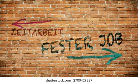 An image with a signpost pointing in two different directions in German. One direction points to permanent job, the other points to temporary work.