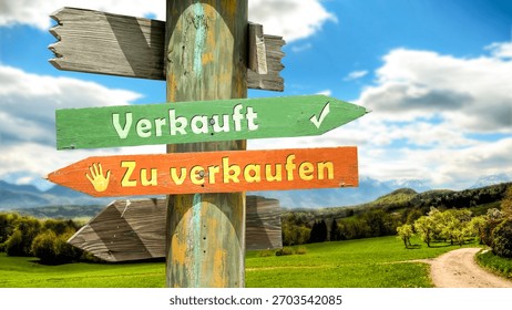 An image with a signpost pointing in two different directions in German. One direction points to Sold, the other points to For Sale.