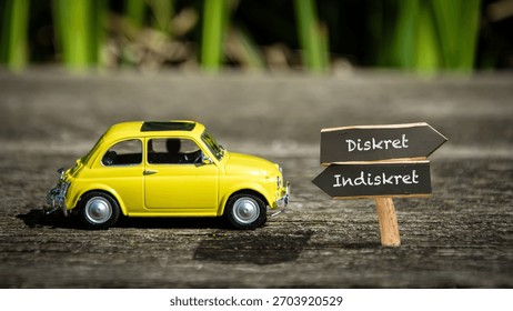 An image with a signpost pointing in two different directions in German. One direction points to Discreet, the other points to Indiscreet.