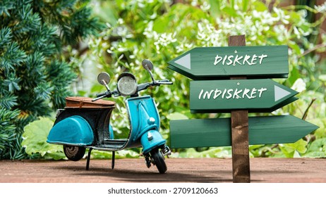 An image with a signpost pointing in two different directions in German. One direction points to Discreet, the other points to Indiscreet.