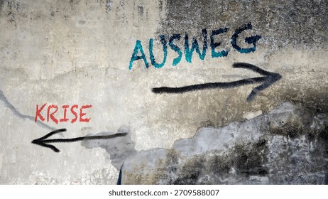 An image with a signpost pointing in two different directions in German. One direction points to a way out, the other points to a crisis.