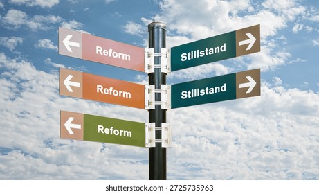 An image with a signpost pointing in two different directions in German. One direction points towards reform, the other towards stagnation.