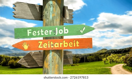 An image with a signpost pointing in two different directions in German. One direction points to permanent job, the other points to temporary work.
