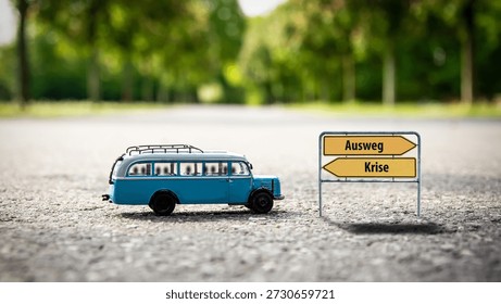 An image with a signpost pointing in two different directions in German. One direction points to a way out, the other points to a crisis.