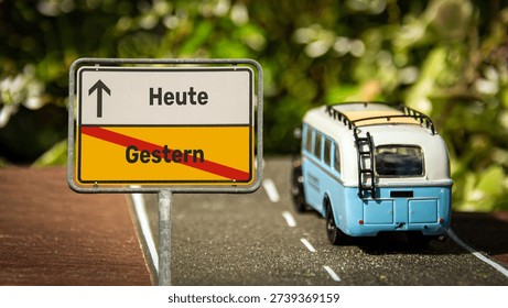 An image with a signpost pointing in two different directions in German. One direction points to today, the other points to yesterday.