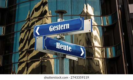 An image with a signpost pointing in two different directions in German. One direction points to today, the other points to yesterday.
